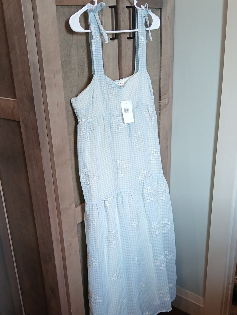 Dry Goods Light Blue Gingham Tie-Shoulder Maxi Dress
